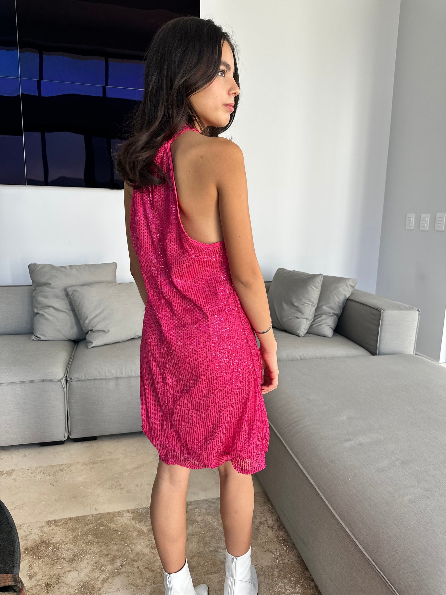 VESTIDO LENTEJUELA CORTO ROSA