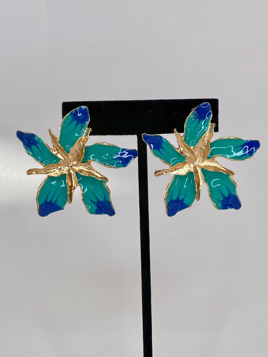 ARETES FLOR DE COLOR AZUL Y VERDE AQUA